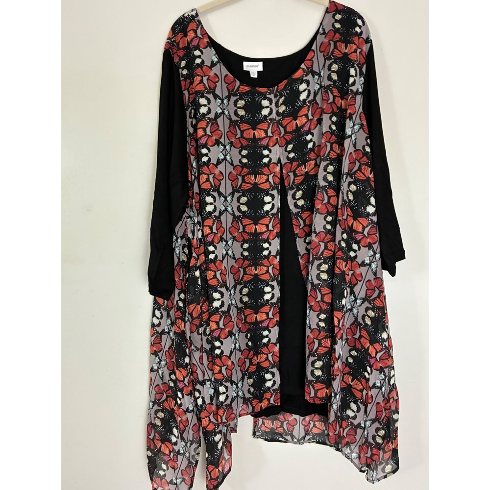 Avenue Tunic Harbor View Women 4X Black Butterfly Effect Layered Scoop Neck Top